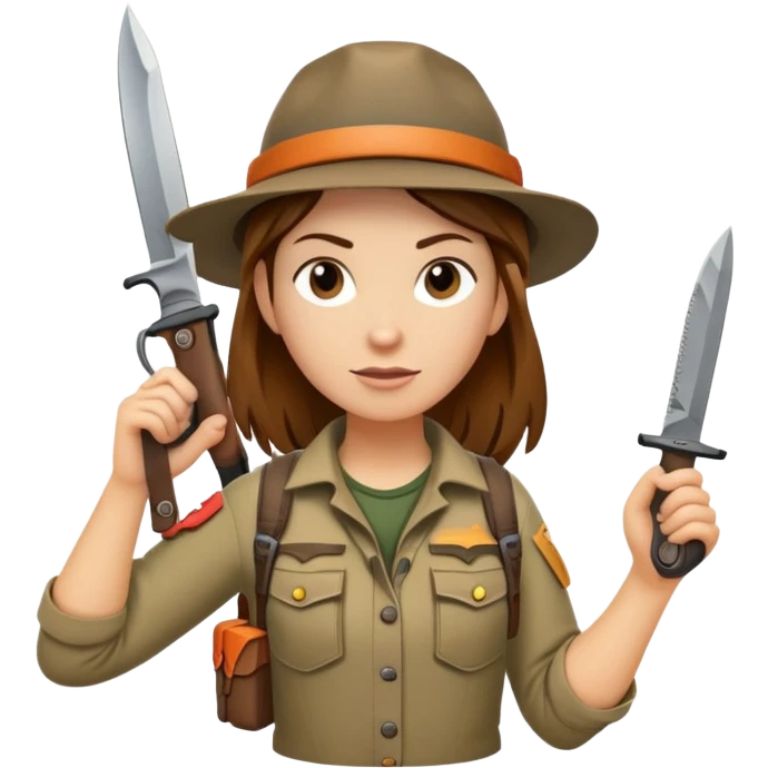 Female wilderness explorer Melissa Backwoods holding a survival knife emoji