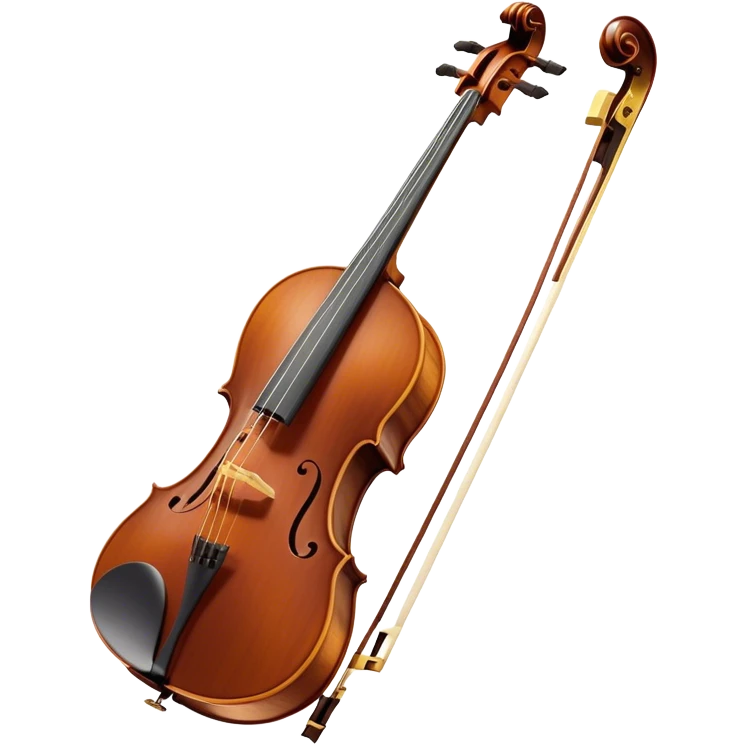 Create an elegant and refined emoji representing the Cremona cello with a Hans Klein HKCB bow. The design should feature the curved wooden body of the cello with a rich, glossy finish, capturing its classical shape and intricate details. The bow should be displayed with fine craftsmanship, highlighting the hair and the smooth, polished wooden stick. Include subtle musical notes floating around the instrument to emphasize its rich, melodic sound. Use deep wood tones like chestnut brown, gold accents for the fittings, and soft lighting effects to give the instrument a timeless, professional feel. The background should be transparent. emoji