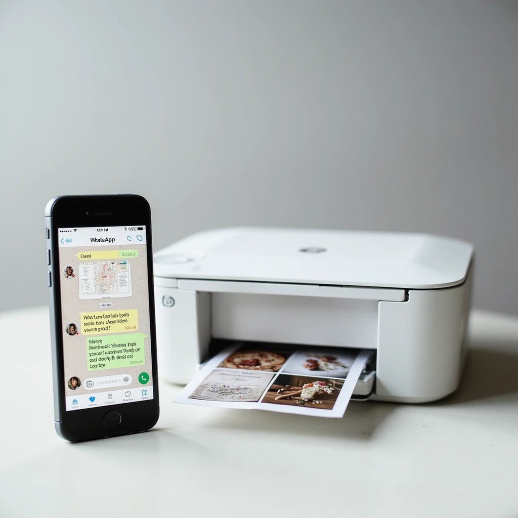 realistic thumbnail for a WhatsApp print out service, phone on the left displaying WhatsApp chat with image and document icons, printer on the right outputting printed photos and documents, simple background emoji
