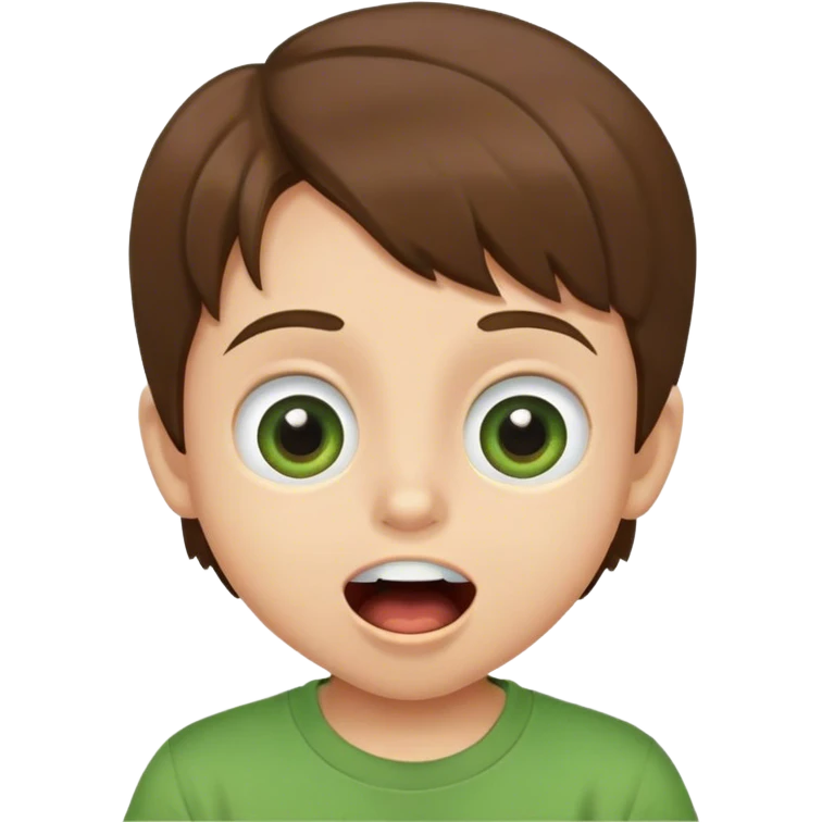 kid with big eyes, brown hair, green t-shirt, mouth open, smiling emoji