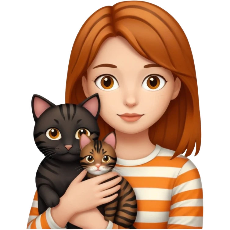 tan brown-haired girl holding two cats, one black cat and one orange tiger-striped cat emoji