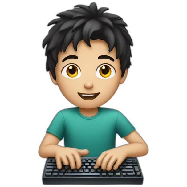 dark haired young boy with a computer emoji