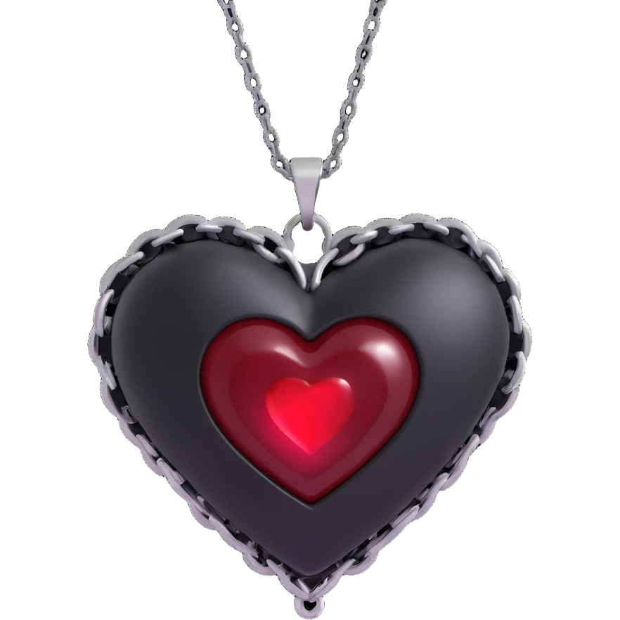 3D emoji gothic heart, black satin, silver chain wrap, blood red gem, dramatic and ornate emoji