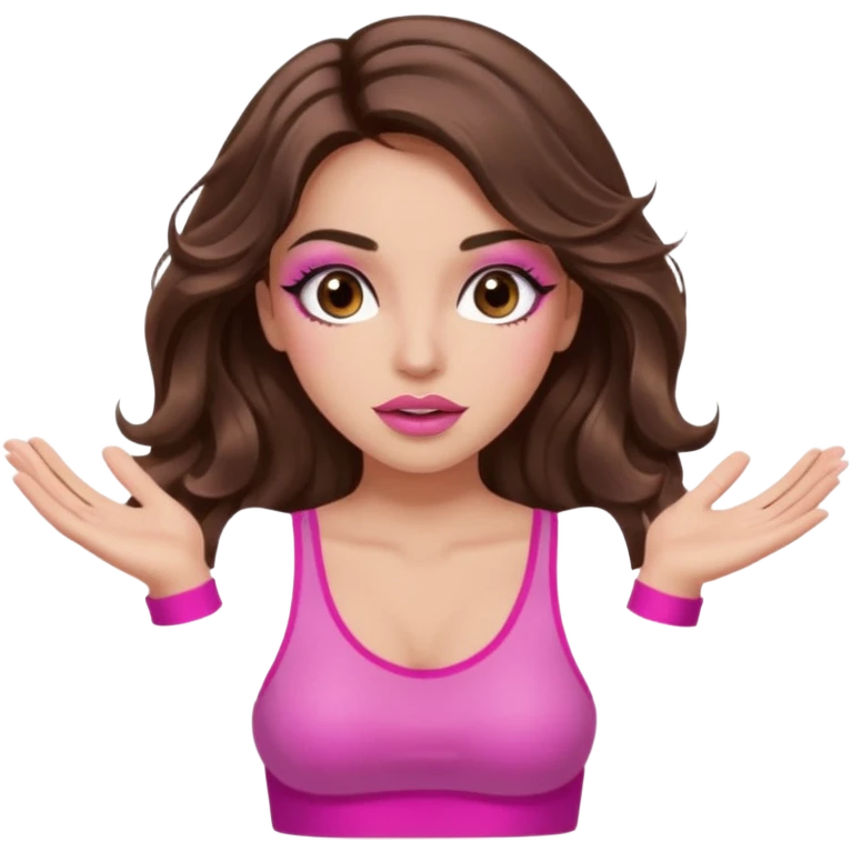 girl with long wavy brown hair, brown eyes, long lashes makeup, sexy pink lips, light to medium complexion, pink sexy top, two hand up shrugging emoji
