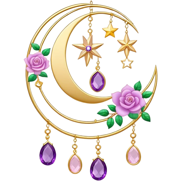 Epic beautiful gorgeous cute gold suncatcher, threads with shiny sparkly amethyst and rose-quartz gemstones, flowers, crescents-moons, stars, leaves emoji