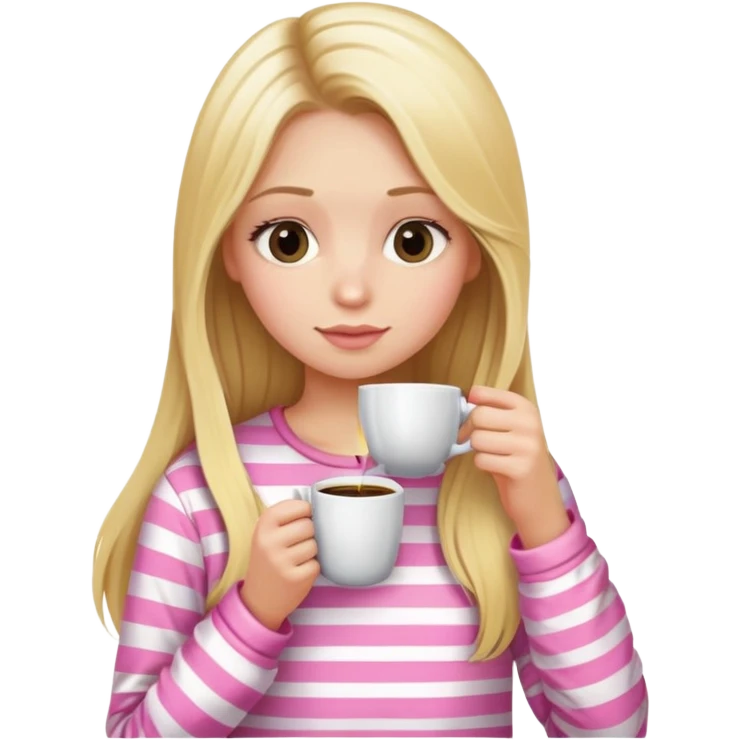 girl with long blonde hair sipping coffee in pink striped pajamas  emoji