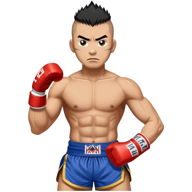 Rodtang Jitmuangnon the Iron Man, fierce Muay Thai fighter with mohawk hairstyle, intense expression, muscular build, wearing mongkhon headband and traditional Muay Thai shorts emoji