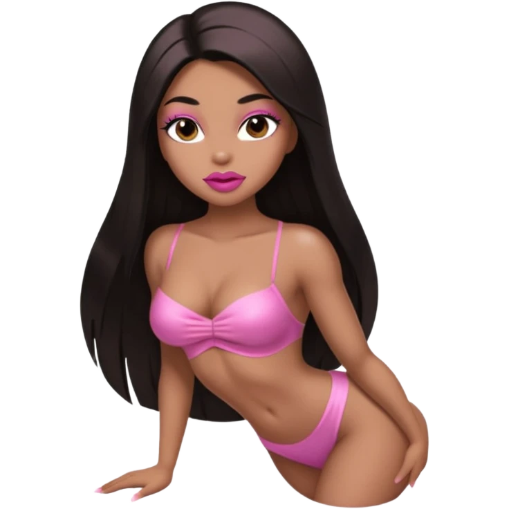 Glamourous, light brown skin tone, very beautiful nude girl, with big plump pink shiny lips, long long lashes, black straight smooth silky long hair, straight parting hair, brown eyes, muscled nude body, full body nude, inclined backwards emoji