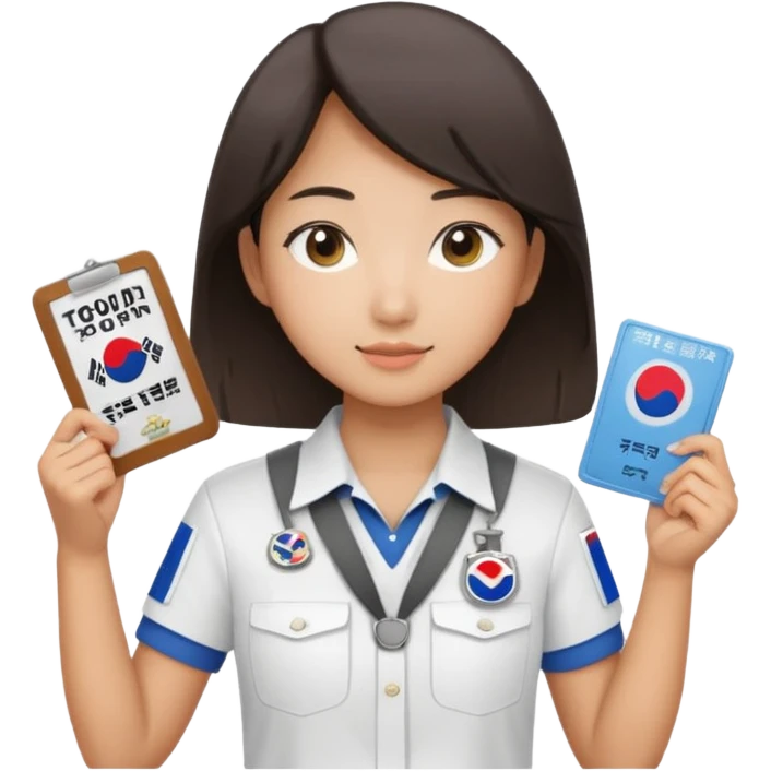 A young Asian guide holding her tour license in both hands, wearing a white shirt with the South Korea badge on her chest. emoji