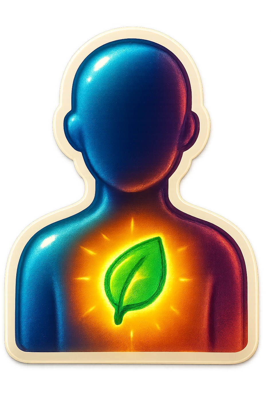 human silhouette or body with a glowing or highlighted leaf symbolizing mental health placed on the chest or face, retro stickers style, clear outlines, strong shadows and highlights, fun and not too complex, psychosomatics and psychology theme emoji