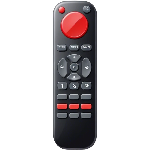 One black tv remote control with red border, frontal face in  2 dimensions. The remote control have to have 4 buttons in black and one big one in red and the play sign. Use sticker model emoji