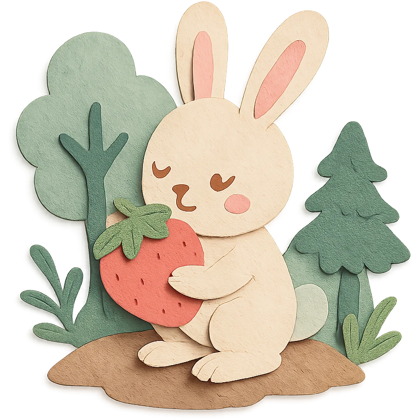 bunny picking strawberries in the woods, sweet pastel red, paper craft style emoji