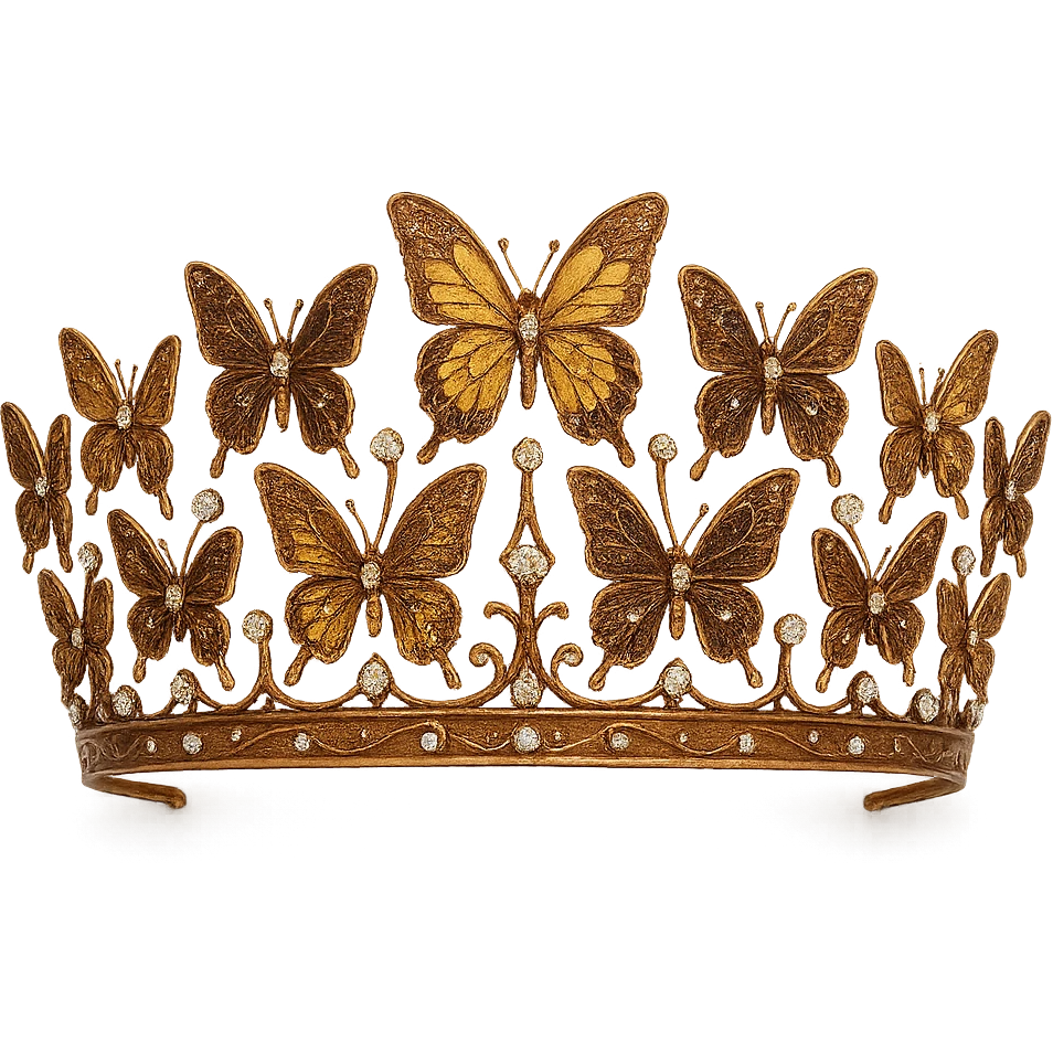butterfly crown with a copper base, butterflies in bronze and gold enamel, sparkling gems, transparent background emoji