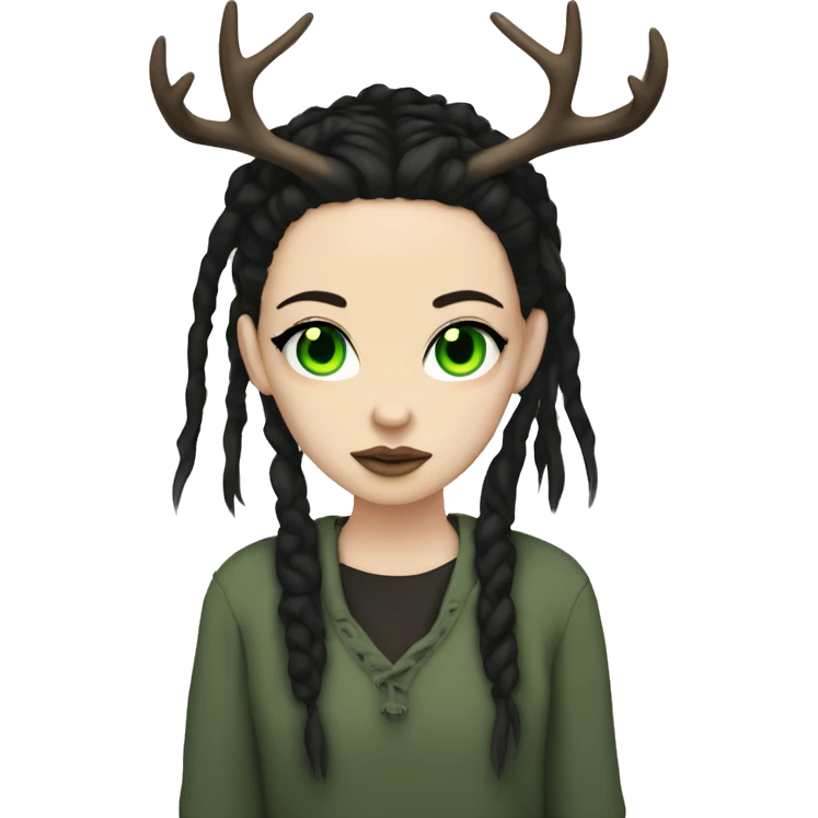 Girl with pale skin, green eyes, black dread-locks, eyeliner, deer antlers, grunge emoji