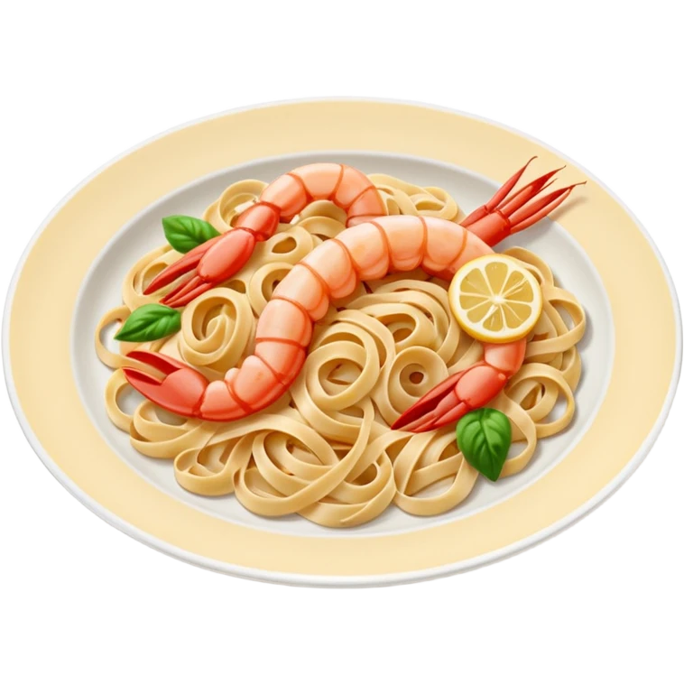create a Whole Shrimp Linguini Camera angle: slightly elevated top-down view with a gentle bird’s-eye perspective (about 15–20°), identical perspective and scaled do not add anything on plate

 emoji