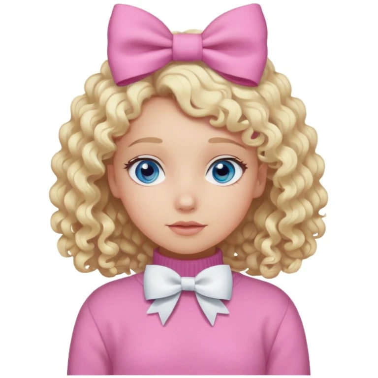 girl with blonde curly hair and blue eyes wearing a pink sweater and white hair bow emoji