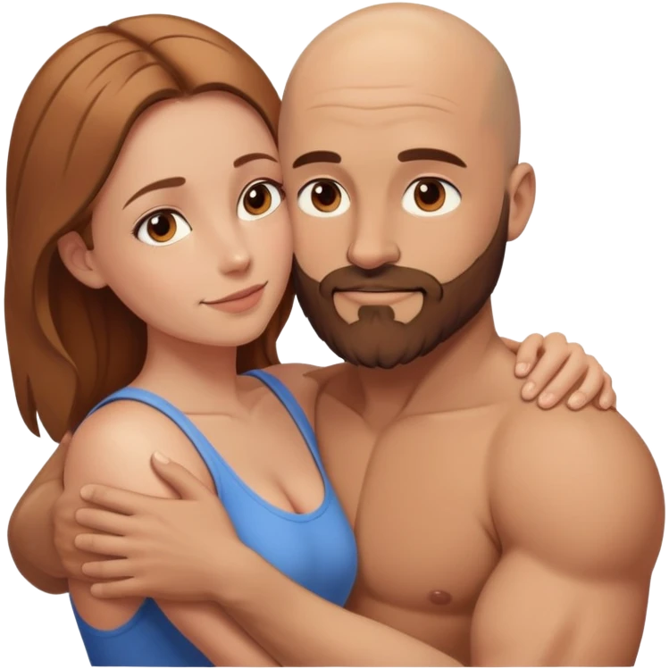 Intimate hug muscular bald man brown beard, beautiful light brown hair woman emoji