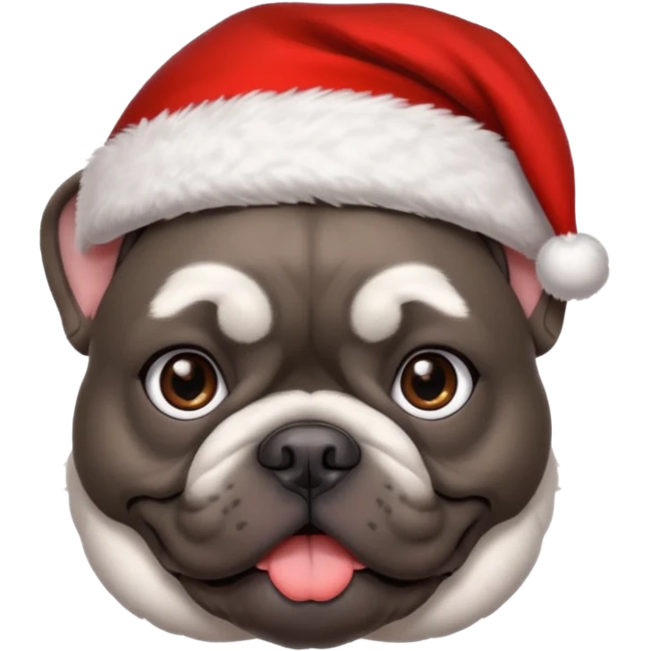 brunette woman with a dark grey French bulldog both wearing Santa emoji