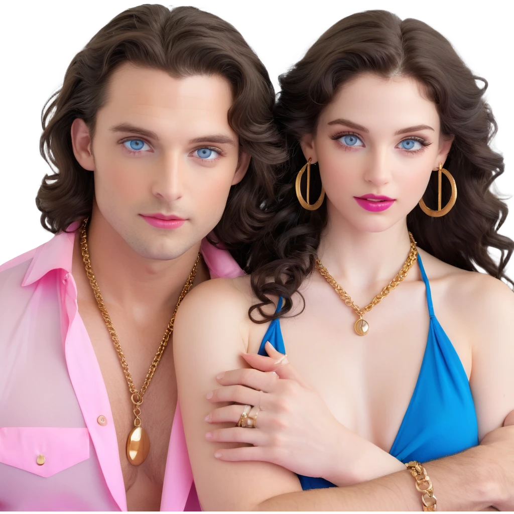 attractive couple embracing in romantic pose, woman with big blue-grey eyes, long lashes, pale skin, pink lips, long voluminous dark brown curls, gold hoop earrings, revealing silky halter top close to handsome man with intense blue-grey eyes, chiseled features, pale skin, confident smirk, dark brown styled hair, gold chain, revealing open shirt, faces close together emoji