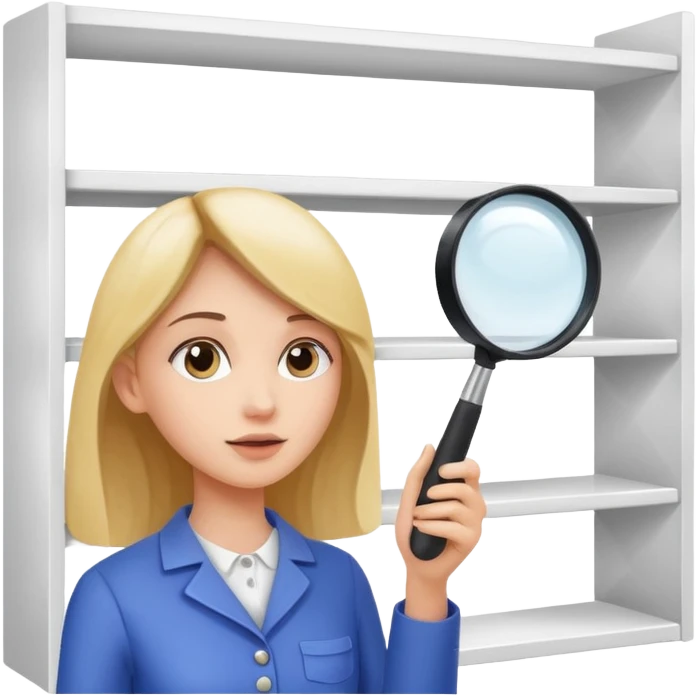emoji of white empty shelf in perspective view with a woman nearby, she is looking at the shelfs with a magnifying glass emoji