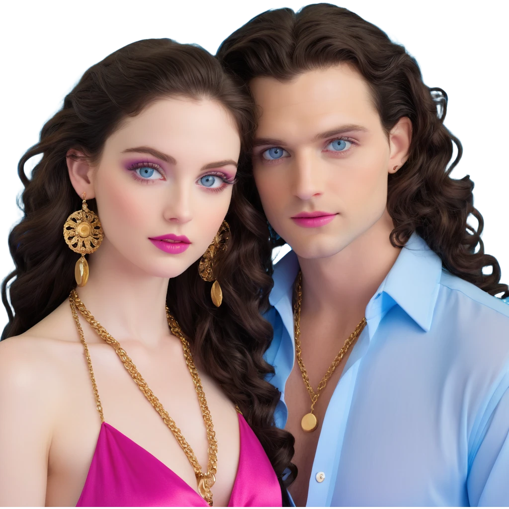attractive couple with baddie energy, woman with big blue-grey eyes, long lashes, pale skin, pink lips, long voluminous dark brown curls, gold hoop earrings, revealing silky halter top next to handsome man with intense blue-grey eyes, chiseled features, pale skin, confident smirk, dark brown styled hair, gold chain, revealing open shirt emoji