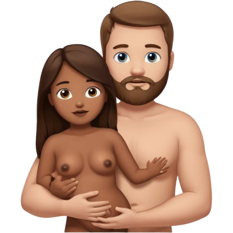 chubby white guy with brown hair and beard and blue eyes, holding a brown girl with long dark hair and dark brown eyes in arms, naked, showing tits emoji