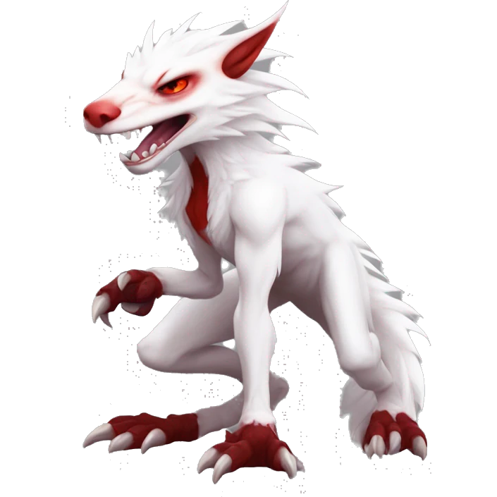 White edgy cute badass epic anthro modern albino sergal-vernid-Fakémon with red mane and red eyes with red edgy stripes, full body emoji