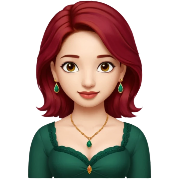 pretty bratz genmoji that looks like tamannah bhatia (bollywood actress), wearing a dark green sweetheart neckline top, dark red hair, light makeup, no necklace, dangly earrings, side hair part, dark brown eyes,  emoji