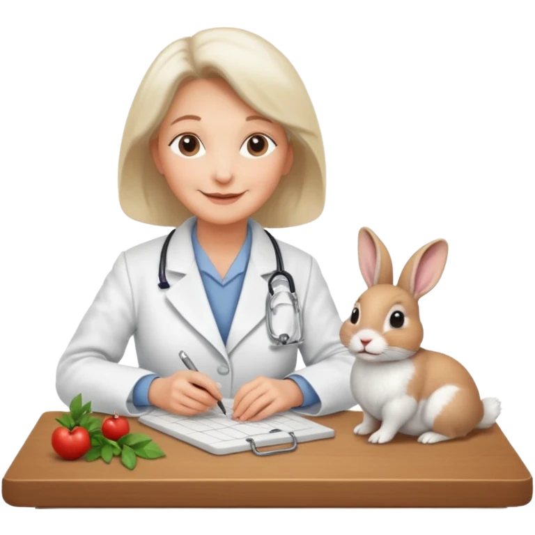 Older female vet – gentle smile, coat, checking rabbit on table. emoji