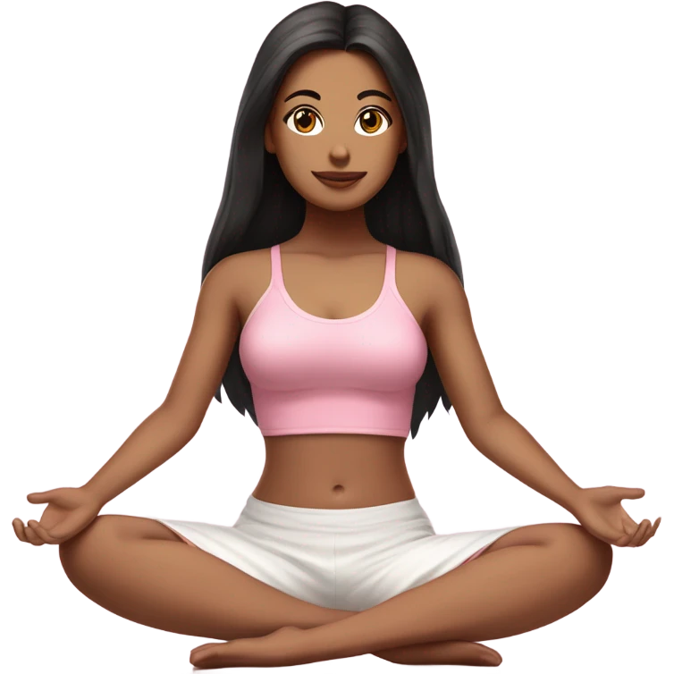 A girl with white skin tone, brown eyes and black long hair,  is sitting in a lotus position in a pink bra top and short white skirts emoji