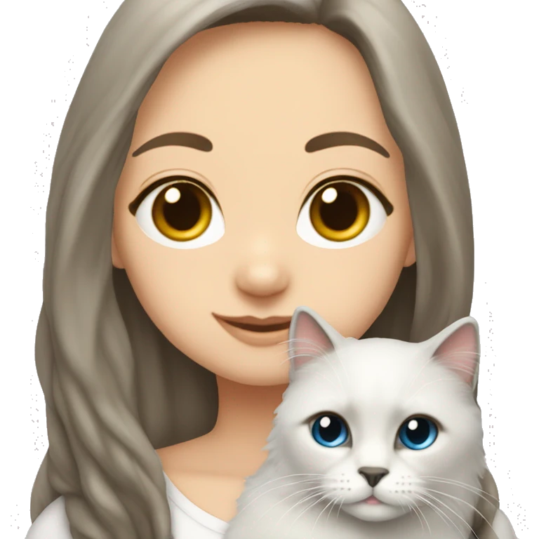 Brunette girl long hair wearing white snuggling seal point ragdoll cat emoji