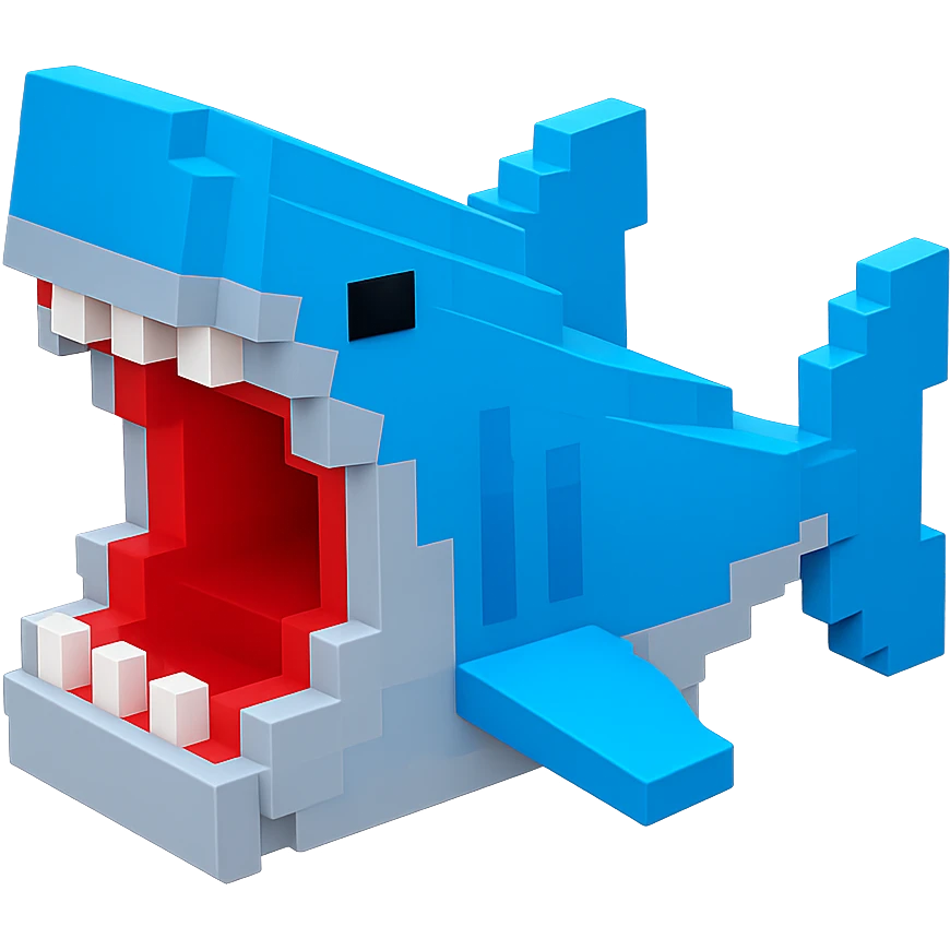 voxel style shark, open mouth, blocky, blue and silver, no background emoji