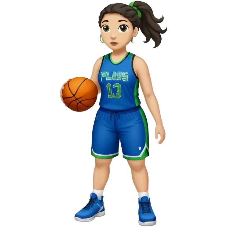 full body plus size light skin  latino women basketball player with wavy dark hair in pony tail wide nose wearing blue uniform with green accent emoji