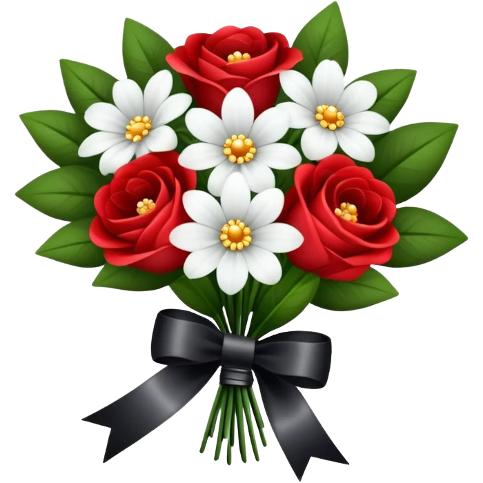 A small bouquet with white and red flowers and black ribbon add sparkles ￼ emoji