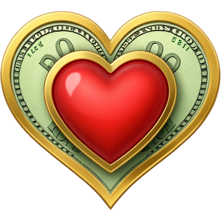 "Realistic HD heart fully merged with money, red glossy heart seamlessly fused with cash textures and gold tones, glowing dramatic light, symbolizing love and wealth becoming one, white background." emoji