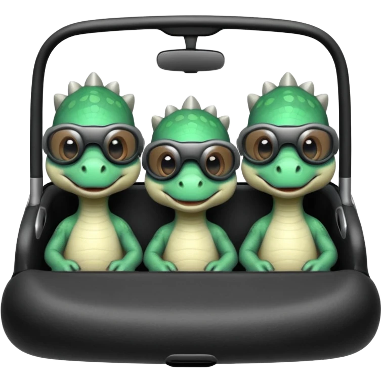 Tres dinosaurios bebés grises cada uno subido en un carro tecnológico blanco con lentes de realidad virtual emoji
