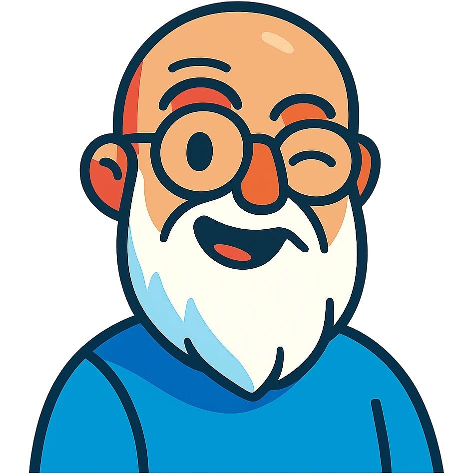 vibrant toon style of a bald man with glasses, long white beard, winking emoji