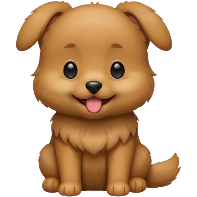 Cute small brown fluffy dog emoji icon. Round face, short muzzle, light brown fur with slightly darker ears, small black nose, happy smiling expression with tongue out. Soft friendly eyes, sitting pose with front paws together. Simple clean vector style, minimal details, kawaii style. emoji