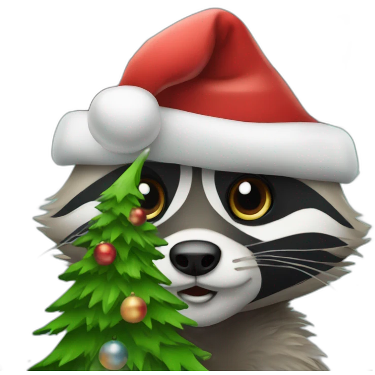 Santa Claus as a raccoon with a christmas tree emoji