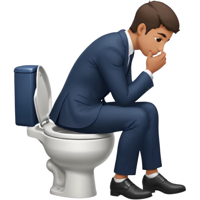 Man siting in a toilet bowl head down hands on the knee the side side view and dress emoji