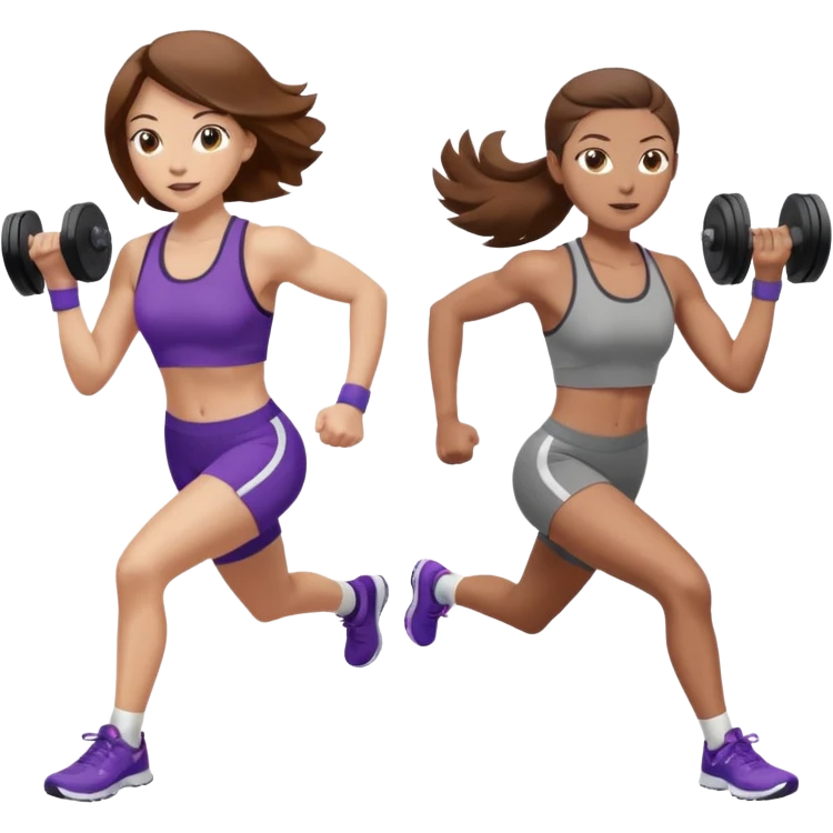 two women. only one is running. the other is only lifting weights. brown hair, light skin, hazel eyes. emoji