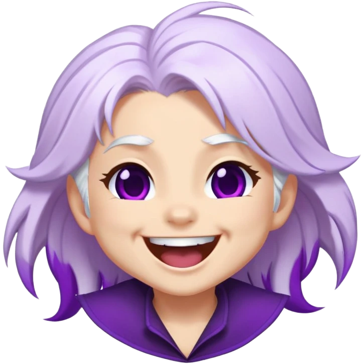 Chibi Sable Ward laughing hard, exaggerated laugh, head tilted back, white hair with purple streaks, fully purple eyes, extremely happy expression emoji