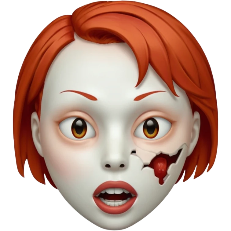 Empty mask resembling a head of a female with short red hair, hollow eye sockets and open mouth emoji