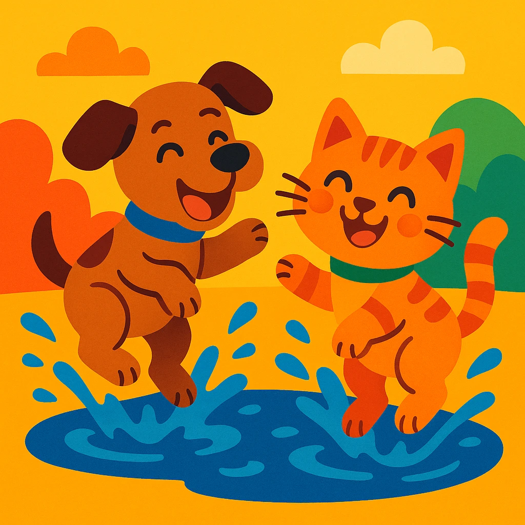 two cute animals splashing in a puddle, playful, vibrant colors emoji