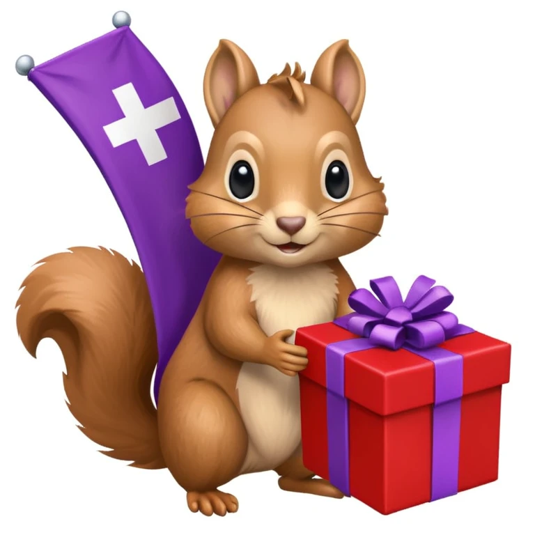 realistic squirrel holding a purple gift box in one hand and a red Swiss flag in the other, both objects clearly visible, simple white background, the gift is a different color from the flag emoji