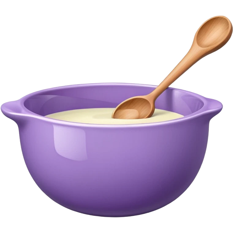 a lilac ceramic mixing bowl with a wooden spoon stirring emoji