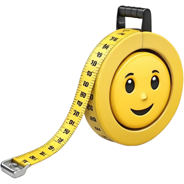 A 3D emoji-style yellow measuring tape, rolled in a spiral with black markings, realistic light and shadow, minimalistic background, vector-like clean design. emoji