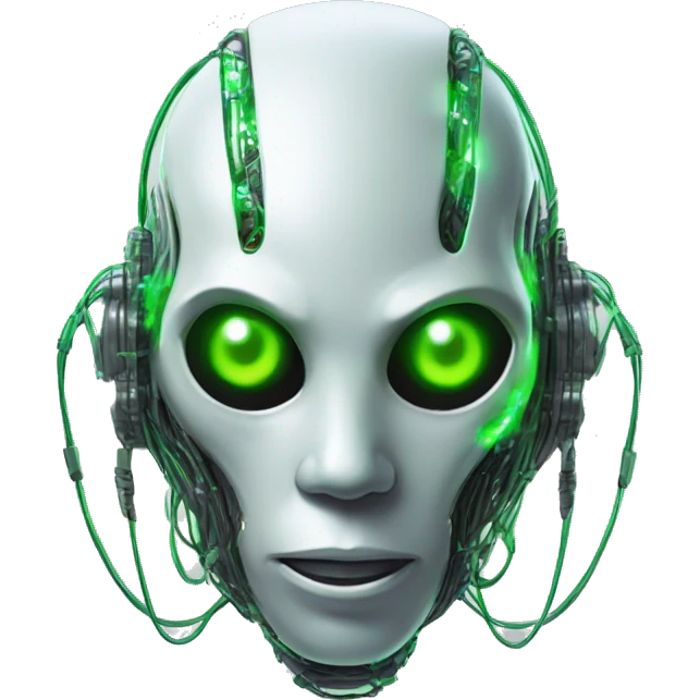 Round Alien cyborg head with glowing wires and green eyes  emoji