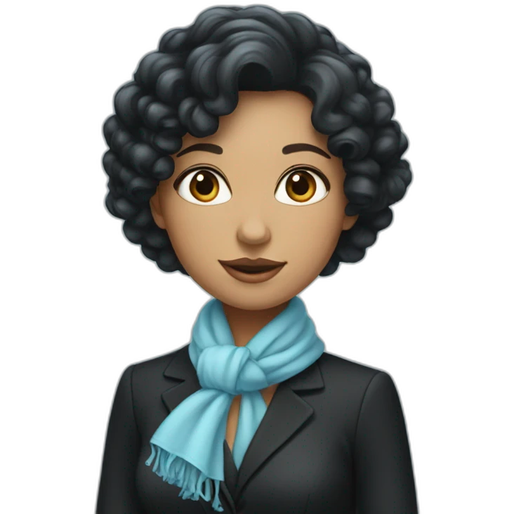 woman with elegant black suit and light blue scarf, long curly black hair emoji
