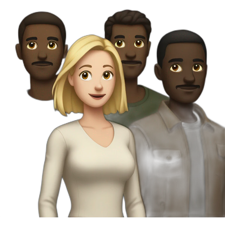 six dark-skinned men stand behind a pale woman emoji